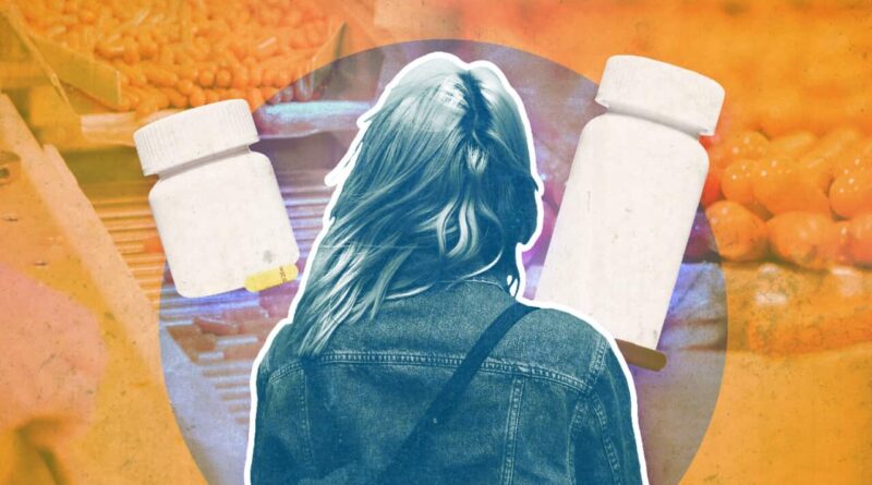 The back of a woman wearing a denim jacket with long hair is superimposed onto pill bottles and capsules.