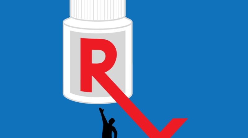 illustration of a shadow of person reaching up under a large medication bottle with an RX symbol, the X extending down and out of the label